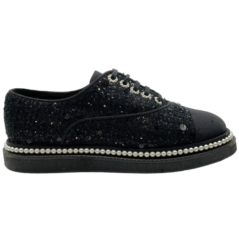 Chanel Black Sequined Lace Up Oxfords with Pearls - Picture 2 of 6